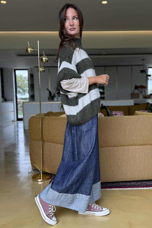  Big Softie Block Stripe Cap Sleeve Knit Top Khaki /15=